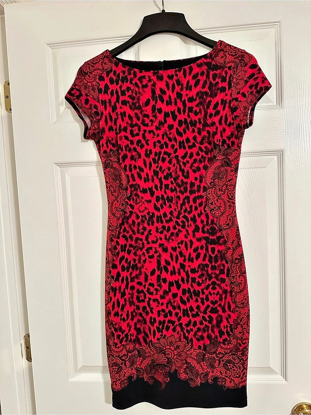 Vintage Caché Red & Black Leopard Lace Bodycon Sheath Dress - Small